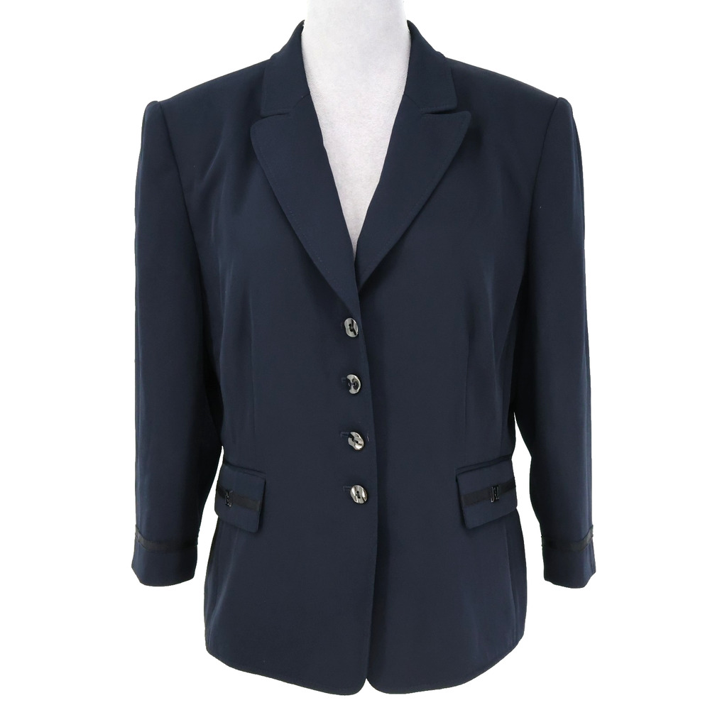 Tahari Jacket Womens 14 Navy Blue Lined Blazer Pockets ASL Career Preppy